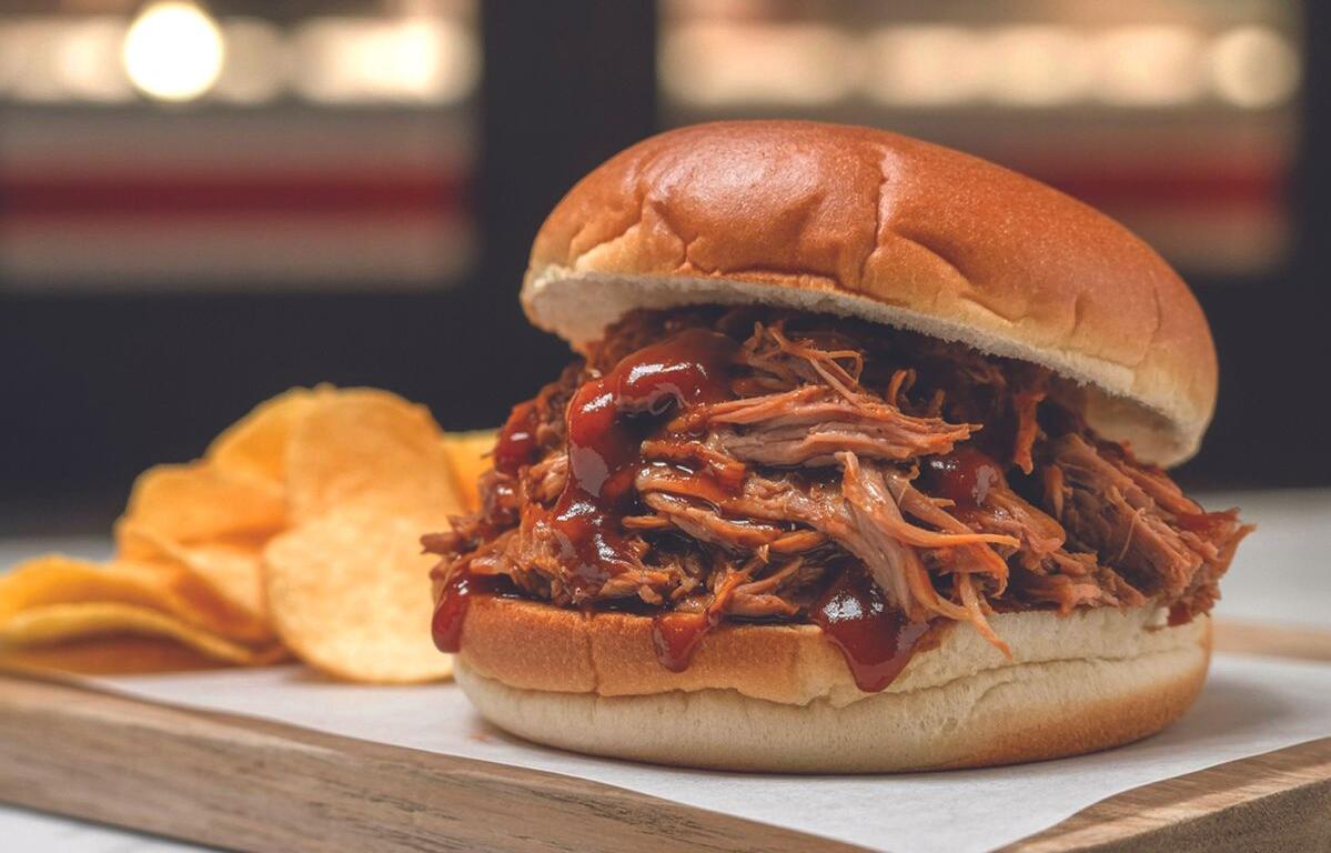Pulled pork sandwich with BBQ sauce on a soft bun, served with potato chips on the side.