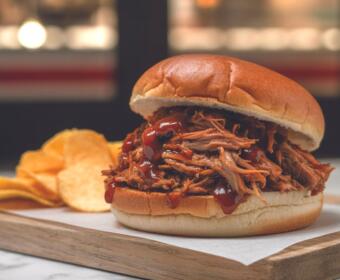 Pulled pork sandwich with BBQ sauce on a soft bun, served with potato chips on the side.