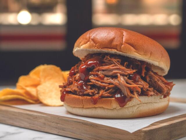 Pulled pork sandwich with BBQ sauce on a soft bun, served with potato chips on the side.