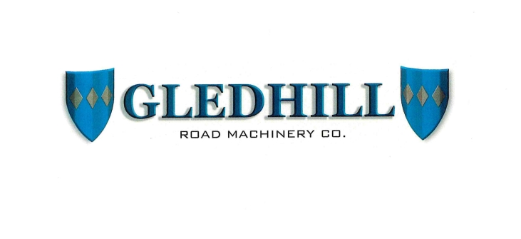 Gledhill Road Machinery Co. logo with blue shield icons on each side of the name