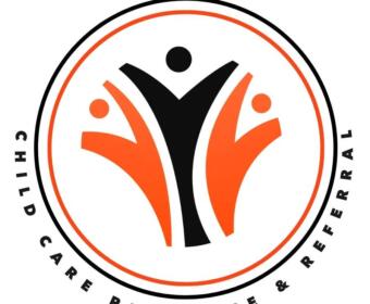 Circular logo featuring orange and black abstract figures forming people, with the text 'Child Care Resource & Referral' around the edge. The design conveys community and support in child care.