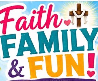 Vibrant banner promoting a faith-based family event: 'Faith, Family & Fun!' with sun, cross, balloons, and a heart-shaped message inviting families to join.