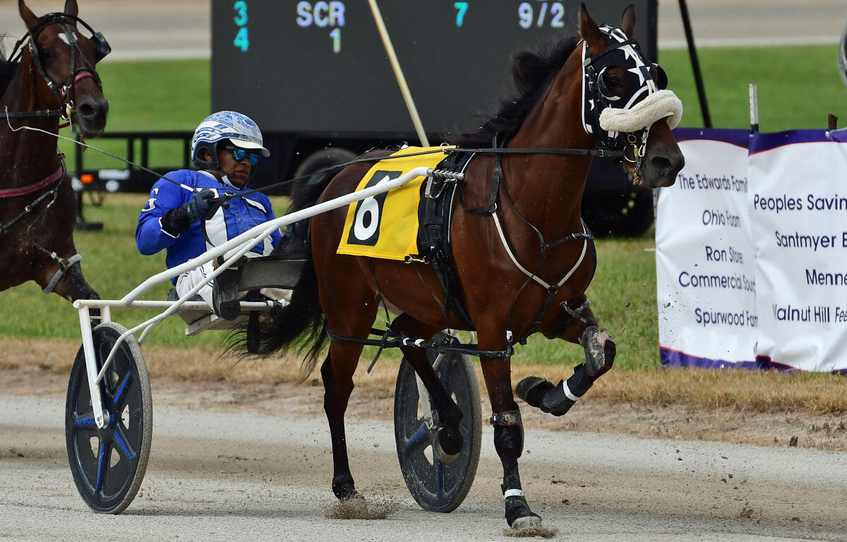 Harness racing horse in a sulky with a blue-suited driver, wearing number 6, on a dirt track with a scoreboard in the background.