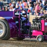 Pink drag racing car with a large rear tire on a dirt track; driver seated in open cockpit, crowd watching in the background.