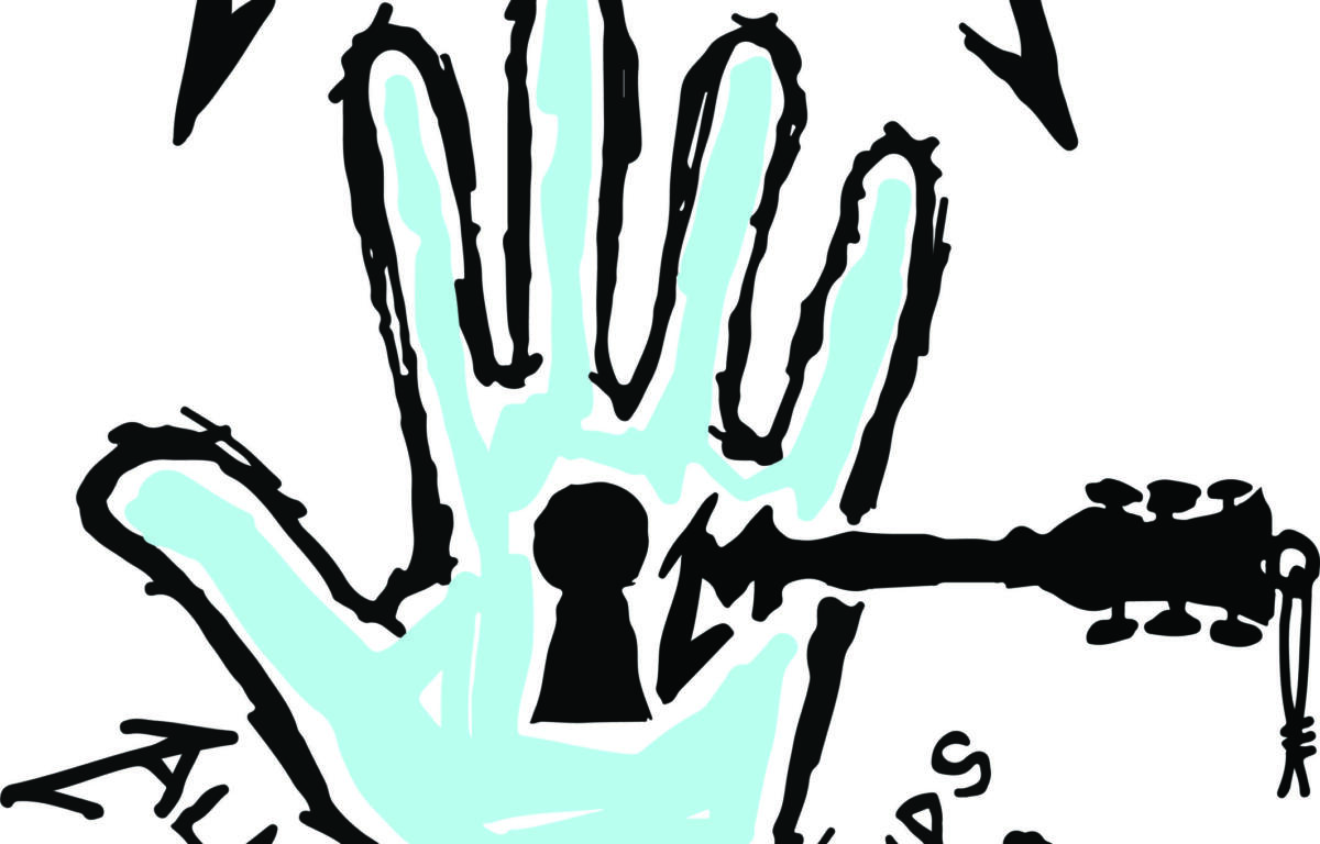 Graphic poster-style illustration: a light turquoise hand making the rock-on gesture outlined in black, with bold curved black text wrapping around it (reads "THE METALLICA" at top).