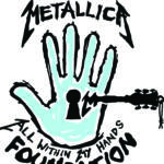Graphic poster-style illustration: a light turquoise hand making the rock-on gesture outlined in black, with bold curved black text wrapping around it (reads "THE METALLICA" at top).