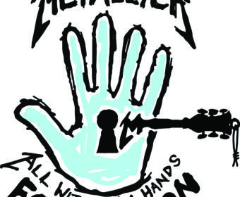 Graphic poster-style illustration: a light turquoise hand making the rock-on gesture outlined in black, with bold curved black text wrapping around it (reads "THE METALLICA" at top).