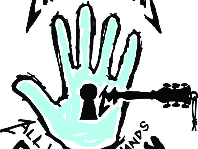 Graphic poster-style illustration: a light turquoise hand making the rock-on gesture outlined in black, with bold curved black text wrapping around it (reads "THE METALLICA" at top).