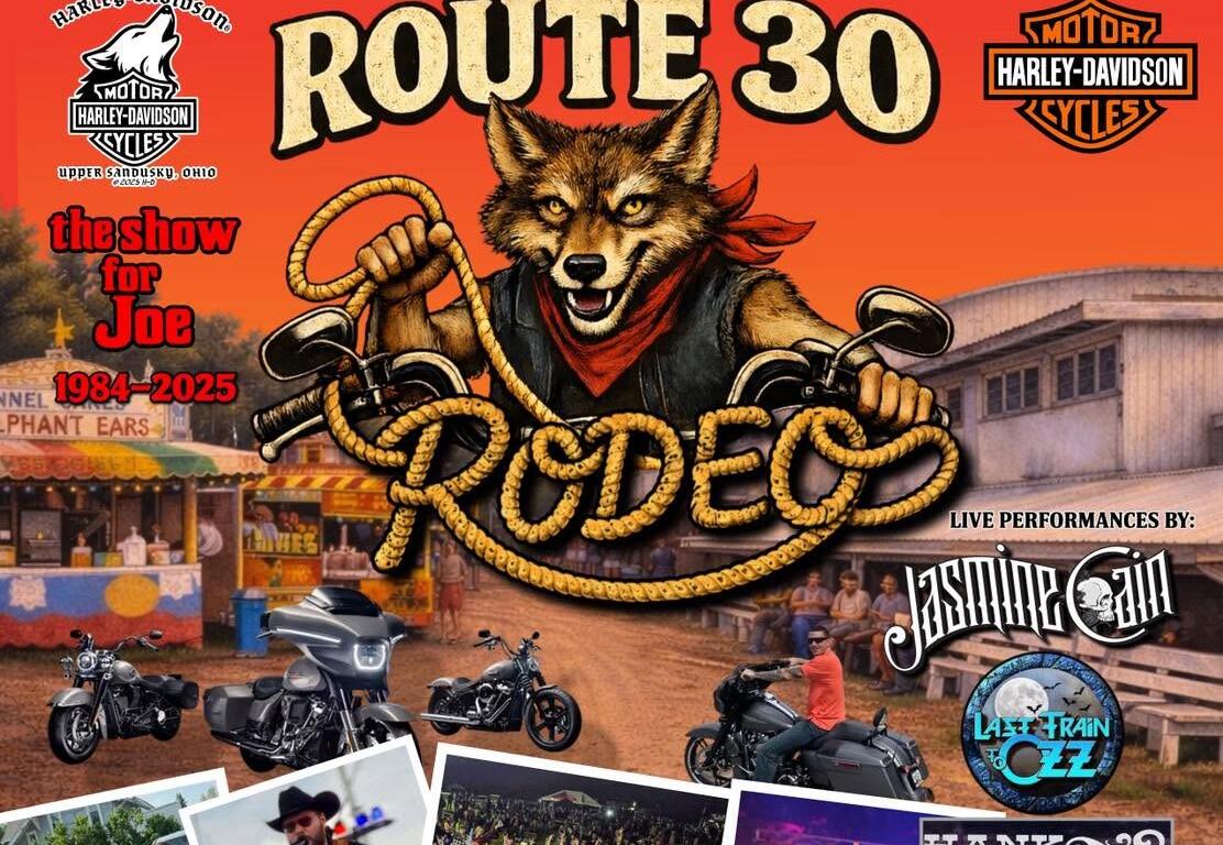 Poster for Route 30 Harley-Davidson event featuring a wolf mascot with a rope, motorcycles, and festival photos in the background.
