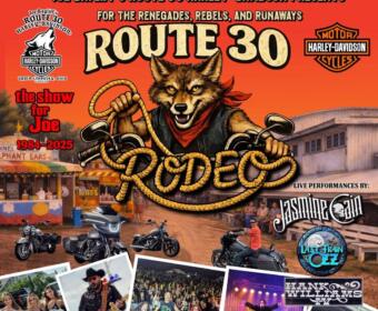 Poster for Route 30 Harley-Davidson event featuring a wolf mascot with a rope, motorcycles, and festival photos in the background.