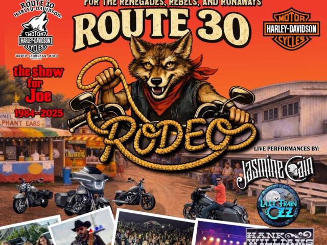 Poster for Route 30 Harley-Davidson event featuring a wolf mascot with a rope, motorcycles, and festival photos in the background.
